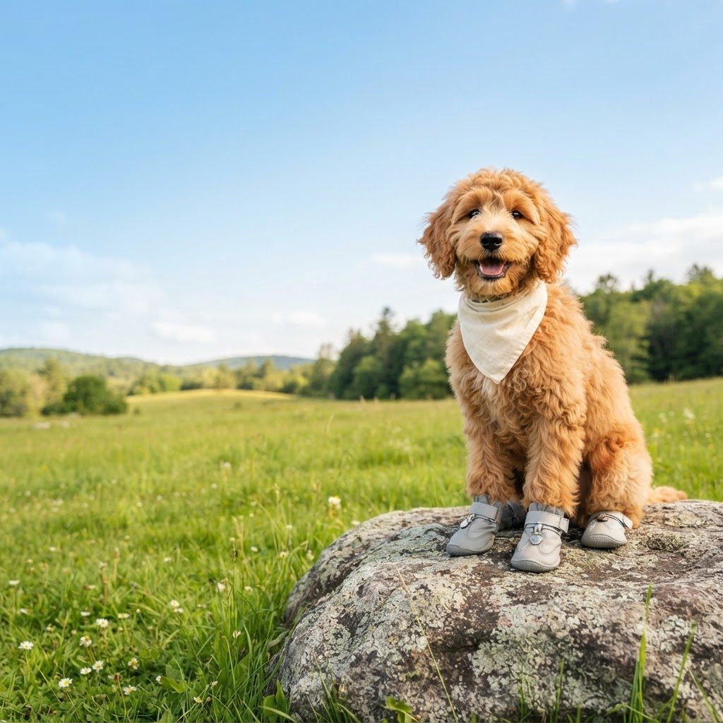 An apricot goldendoodle sitting on a boulder in a sunny meadow, wearing four grey PawGuard boots and a cream bandana