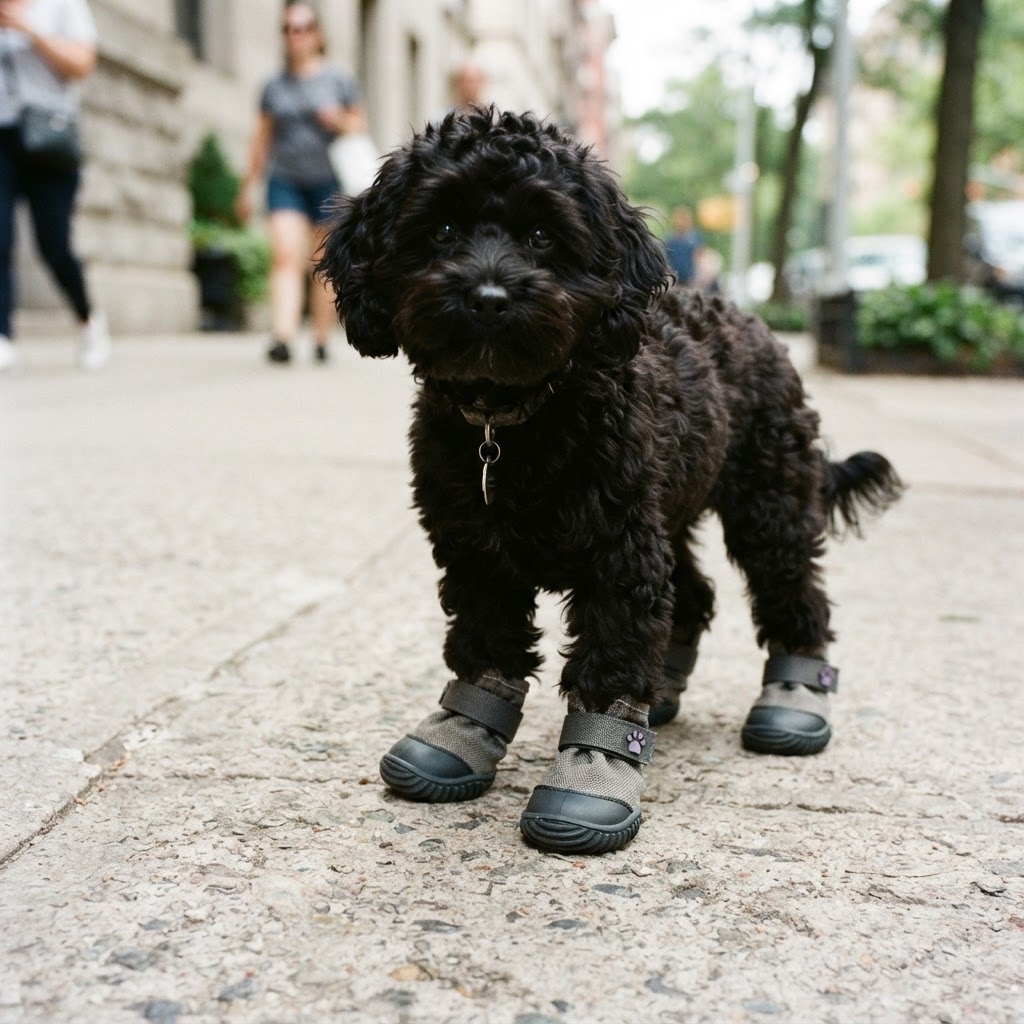 Small dog in grey PawGuard boots