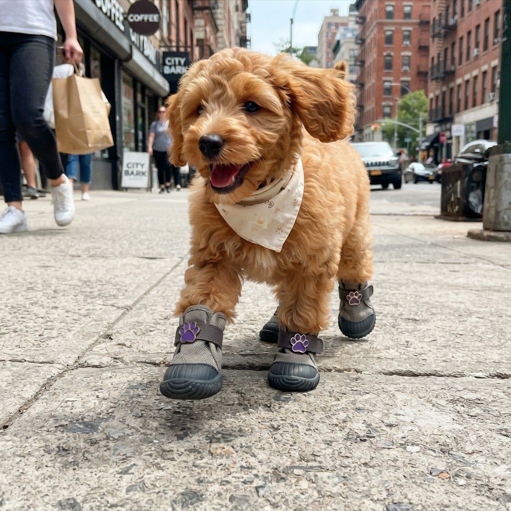 Goldendoodle puppy in grey PawGuard boots